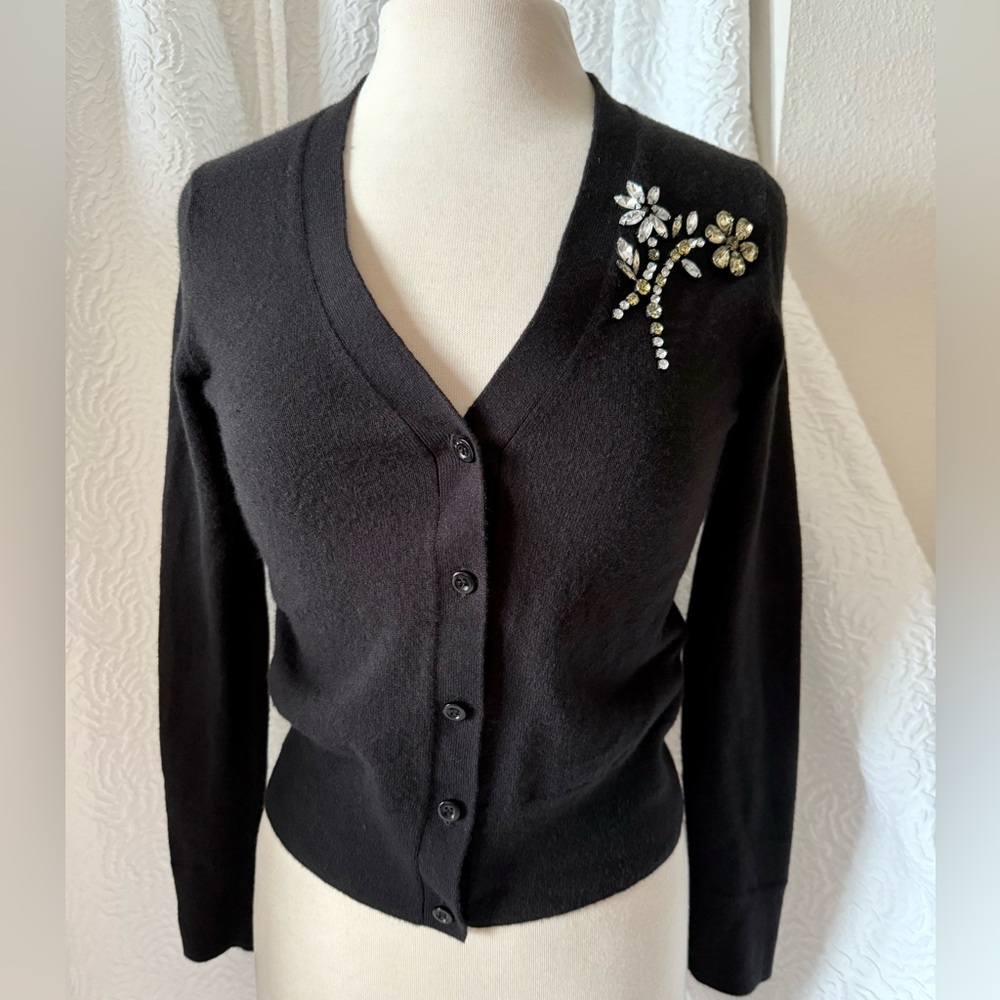 Kate Spade Black Silver Embellished Brooch Wool Blend Sweater Cardigan Sz XS